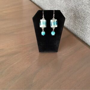 New Turquoise and White Glass Beaded Dangle Earrings with Sterling Silver Hooks.